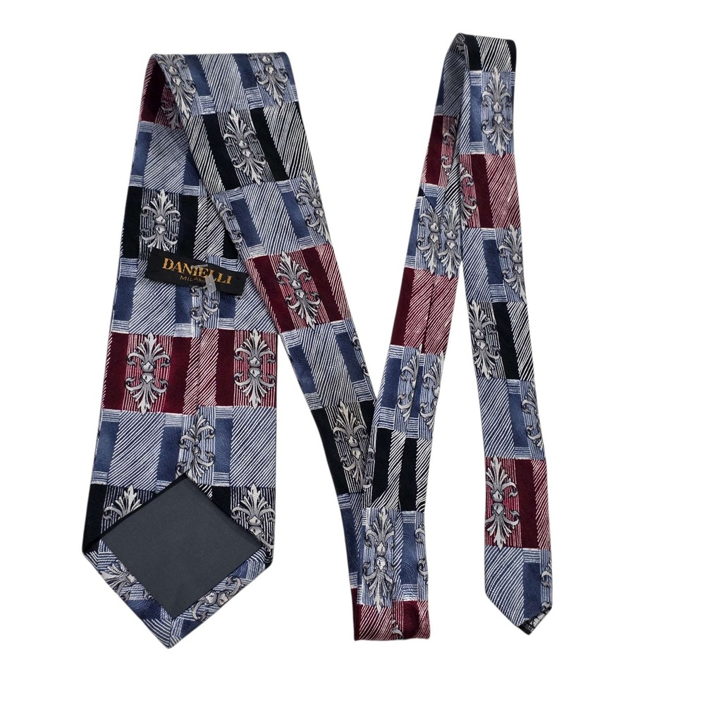 DANELLI Mens Silk Tie‎ Blue Red Black Pattern Designer Italy Handmade Luxury